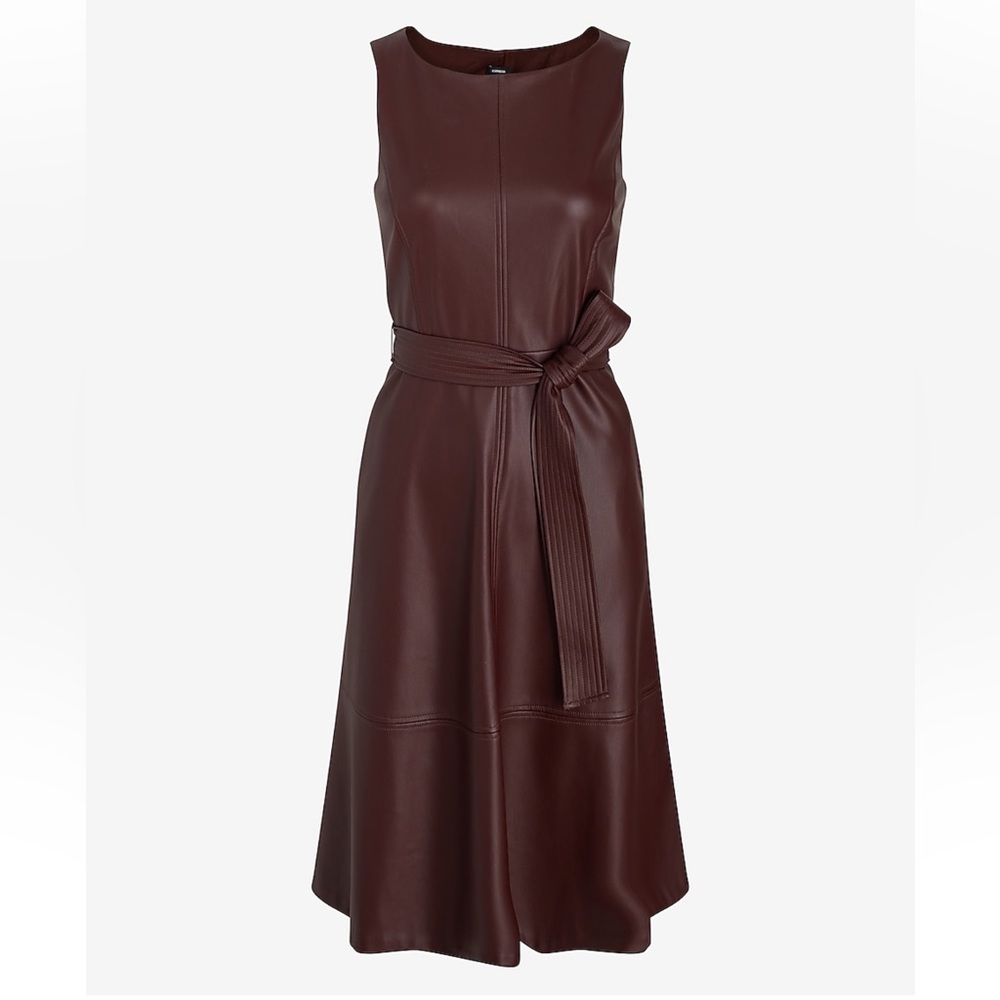 NWT Express Brown Faux Leather Fit and Flare Tie Waist Midi Dress size XS - Picture 2 of 5